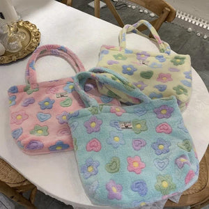 Winter Soft Plush Girls Floral Shoulder Bag Flower Women Faux Fur Casual Tote Ba