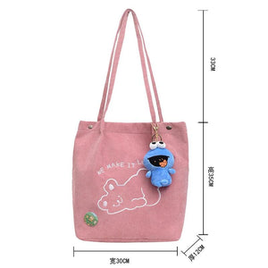 Pink Corduroy Shoulder Bag with Bear Embroidery