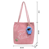 Pink Corduroy Shoulder Bag with Bear Embroidery