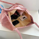 Pink Corduroy Shoulder Bag with Bear Embroidery