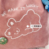 Pink Corduroy Shoulder Bag with Bear Embroidery