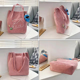 Pink Corduroy Shoulder Bag with Bear Embroidery