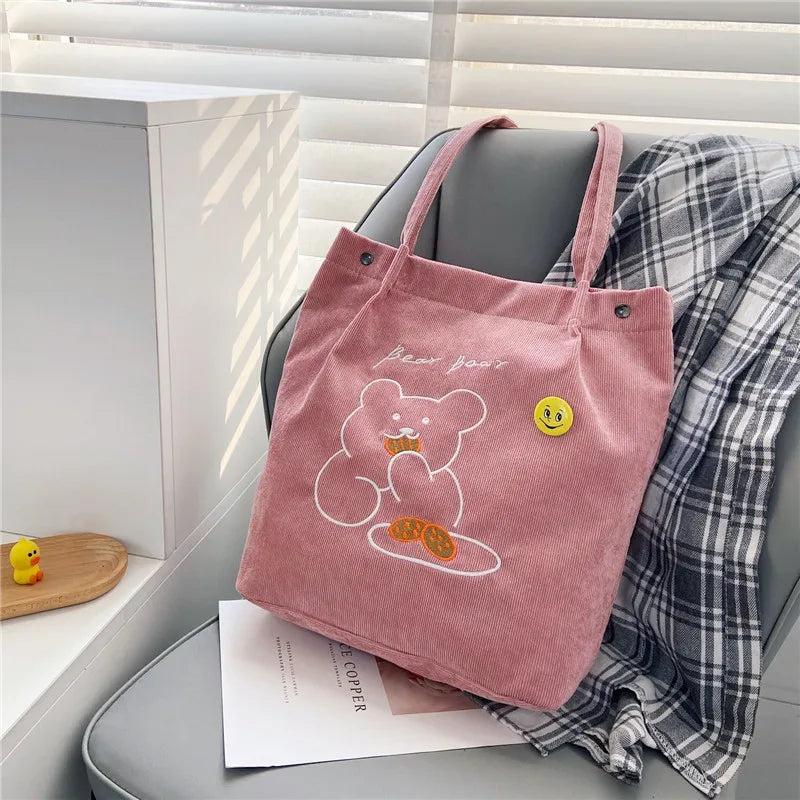 Pink Corduroy Shoulder Bag with Bear Embroidery