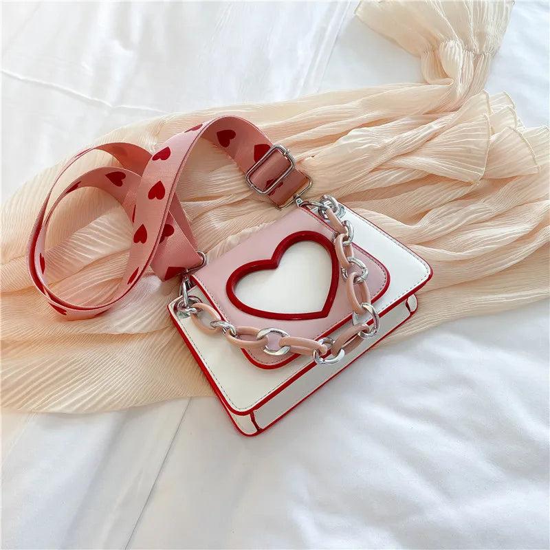 Heart Wide Shoulder Strap One Shoulder Bag For Girls Chain Hangbags