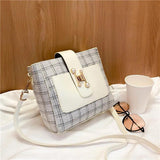 Checkered One-Shoulder Diagonal Bucket Bag