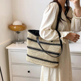 Summer Straw Shoulder Bag Striped Woven Beach Vacation Female Handbag
