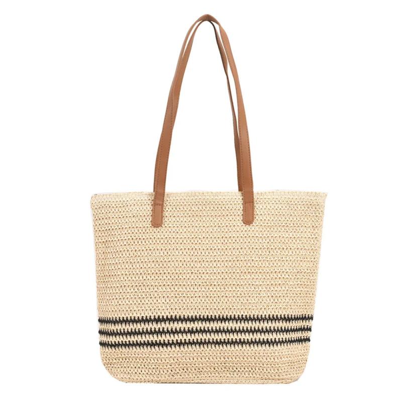 Summer Straw Shoulder Bag Striped Woven Beach Vacation Female Handbag