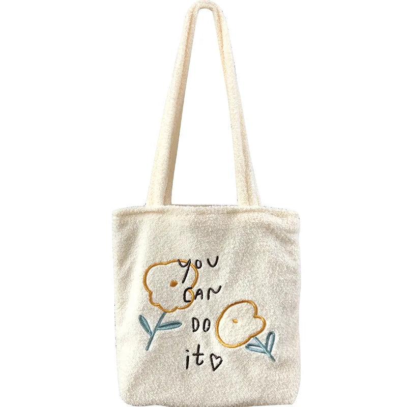 Plush Shoulder Bag Flower Embroidery Handbag Casual Tote Bags