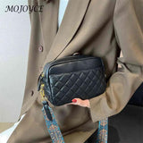 Quilted PU Leather Camera Shoulder Bag Prints Wide Strap Rhombus Pattern