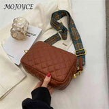 Quilted PU Leather Camera Shoulder Bag Prints Wide Strap Rhombus Pattern