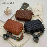 Quilted PU Leather Camera Shoulder Bag Prints Wide Strap Rhombus Pattern