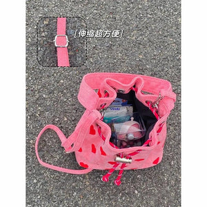 Heart Embroidery Women Shoulder Bags Pink Plaid Bucket Bag