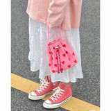 Heart Embroidery Women Shoulder Bags Pink Plaid Bucket Bag