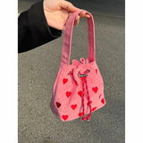 Heart Embroidery Women Shoulder Bags Pink Plaid Bucket Bag