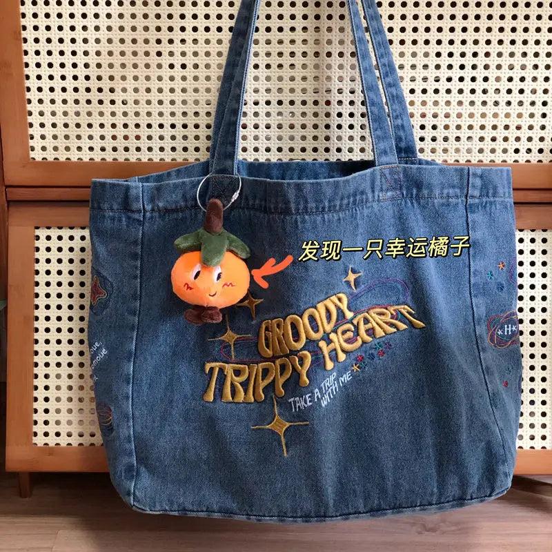 Embroidered Canvas Messenger Bag Soft Tote Shoulder Handbag for Women