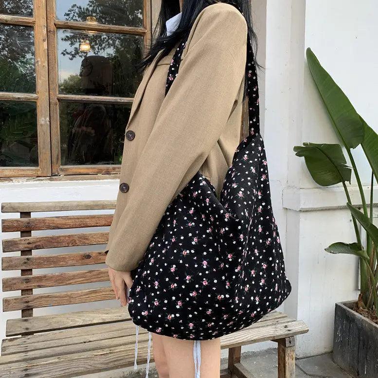 Floral Corduroy Shoulder Bag Large Capacity Retro Women's Handbag