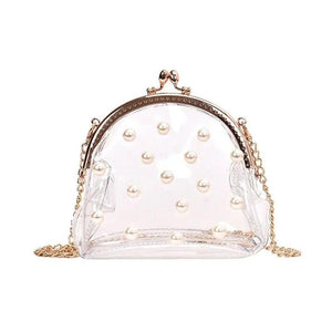 Women Transparent PVC Jelly Bag Chain Pearls Cross-body