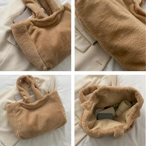 Winter Plush Shoulder Shopper Bag for Women Soft Fabric Fluffy Fur Large Handbag