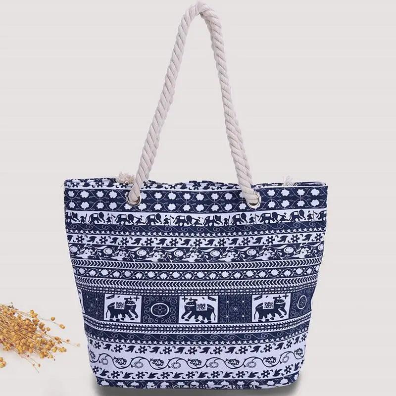 Elephant Print Travel Shoulder Bag Big Capacity Beach Handbag