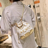 Flower Lace Straw Bags For Women Rattan Bucket Shoulder Bags Female Handbags