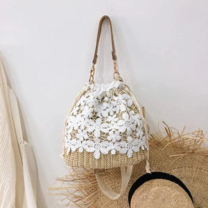 Flower Lace Straw Bags For Women Rattan Bucket Shoulder Bags Female Handbags