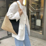 Large Capacity Raffia Tote Hand-Woven Straw Bag Patchwork Women Shoulder Bags