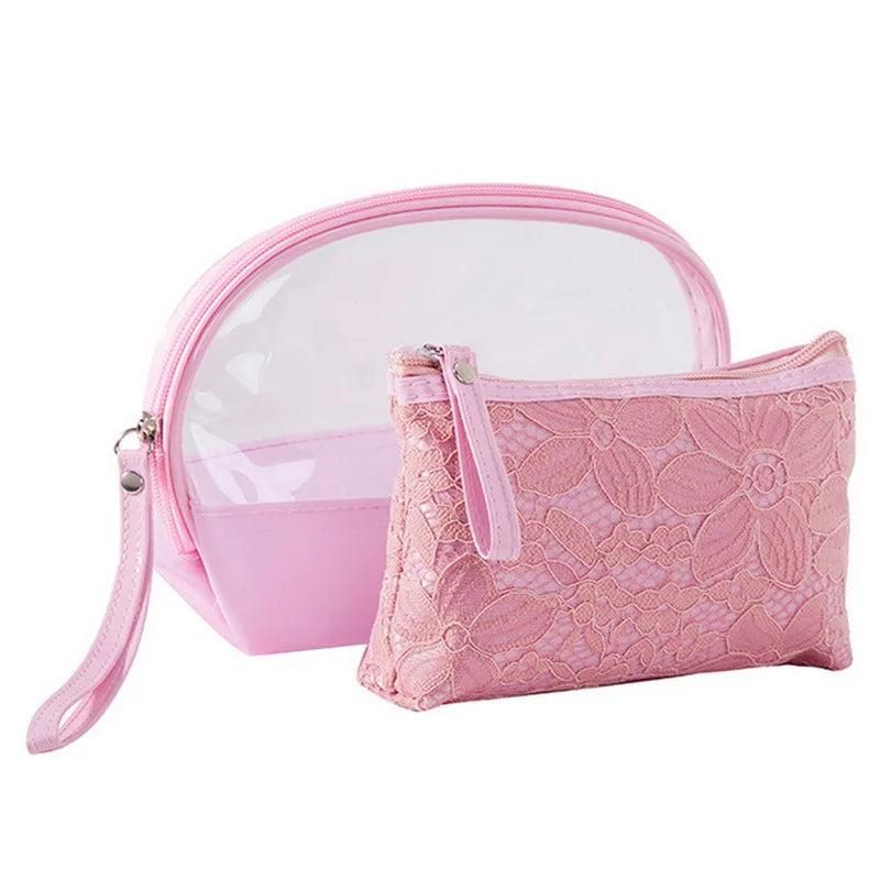 2PCS Lace Cosmetic Bag Transparent PVC Travel Toiletry Bag Zipper Purse BB68