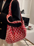 Red Knitting Shoulder Bag Large Capacity Tote Women's Handbag