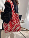 Red Knitting Shoulder Bag Large Capacity Tote Women's Handbag