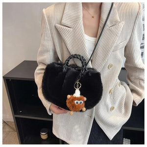 Woven Hand Plush Shoulder Bag Winter Tote Faux Fur Top-handle Bag