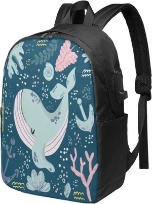 Sleepy Whale Underwater Doodle Cartoon Backpack 17 Inch