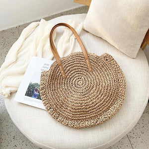 Summer Beach Straw Bag Women Round Shoulder Handbag Tote Bag