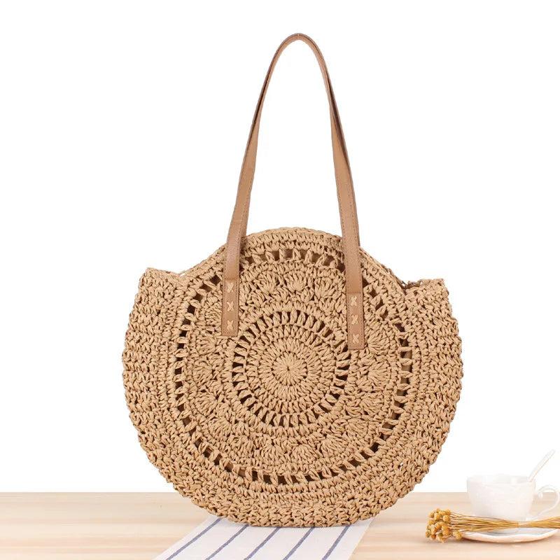 Summer Beach Straw Bag Women Round Shoulder Handbag Tote Bag