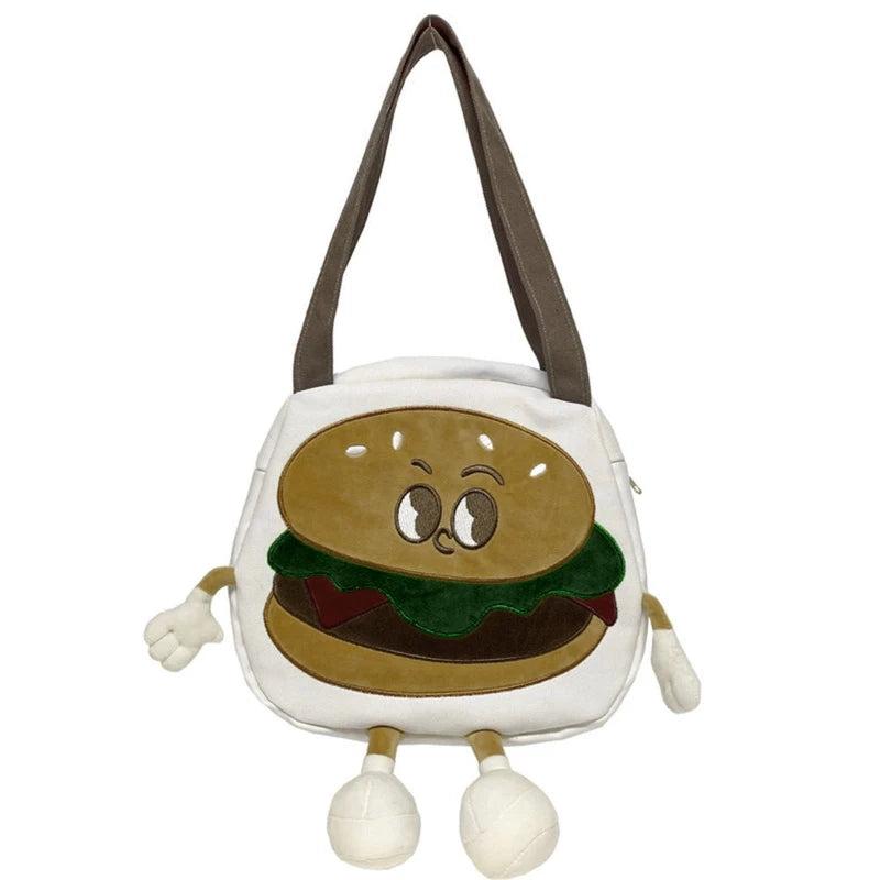 Cartoon Burger Canvas Shoulder Bag with Zipper