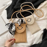 Red Linen Grass Woven Pu Single Shoulder Messenger Small Square Bag