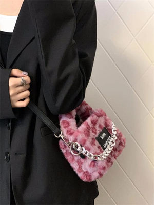 Pink Leopard Women's Plush Shoulder Bag Clutch Purse Faux Fur