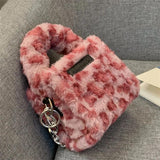 Pink Leopard Women's Plush Shoulder Bag Clutch Purse Faux Fur
