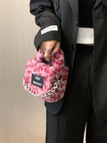 Pink Leopard Women's Plush Shoulder Bag Clutch Purse Faux Fur