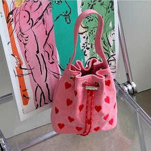 Embroidered Heart Bucket Shoulder Bag Pink Small Messenger Bag