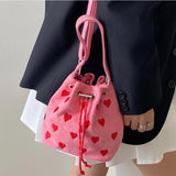 Embroidered Heart Bucket Shoulder Bag Pink Small Messenger Bag
