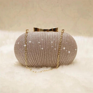 Golden Evening Clutch Bag Metal Bow Bridal Handbag Chain