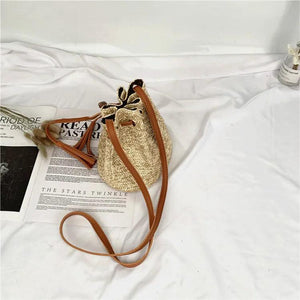Summer Beach Straw Bucket Bag Crossbody with Tassel Drawstring