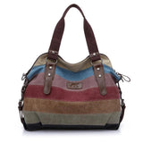 Canvas Lady Tote Shoulder Bag Rainbow Stripe Handle Shopping Purse