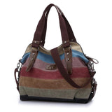 Canvas Lady Tote Shoulder Bag Rainbow Stripe Handle Shopping Purse
