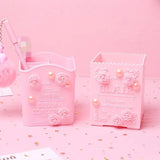 Pink Rose Flower Makeup Box Organizer Student Desktop Storage Bucket