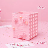 Pink Rose Flower Makeup Box Organizer Student Desktop Storage Bucket