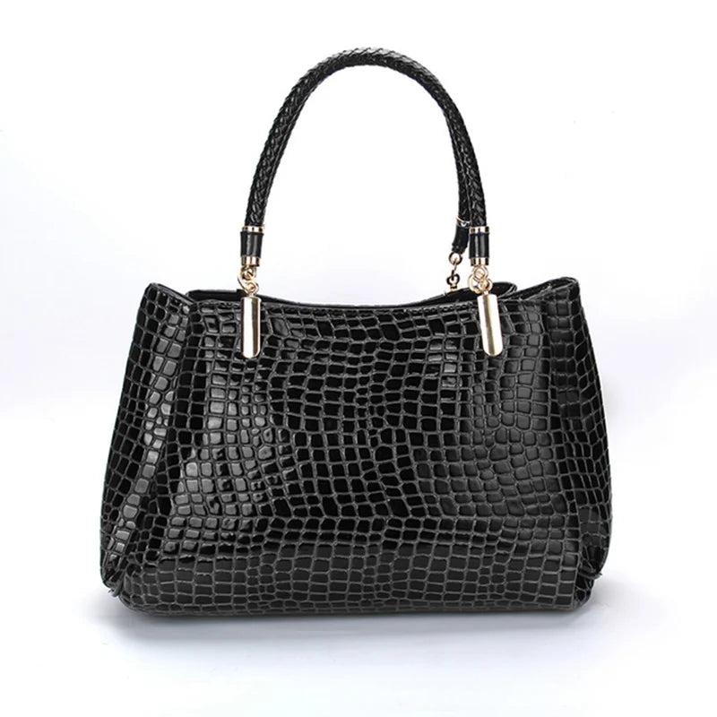 Women Crocodile Grain Patent Leather Handbags Large Capacity Shoulder Bag