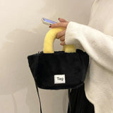 Women Plush Handbags Bucket Shoulder Bag Letter Messenger Bag