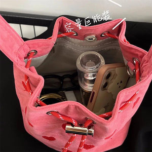 Strawberry Pattern Bucket Crossbody Bag Pink Heart Shoulder Bag Y2k Style
