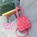 Embroidered Heart Women's Canvas Handbag Pink Love Girls Shoulder